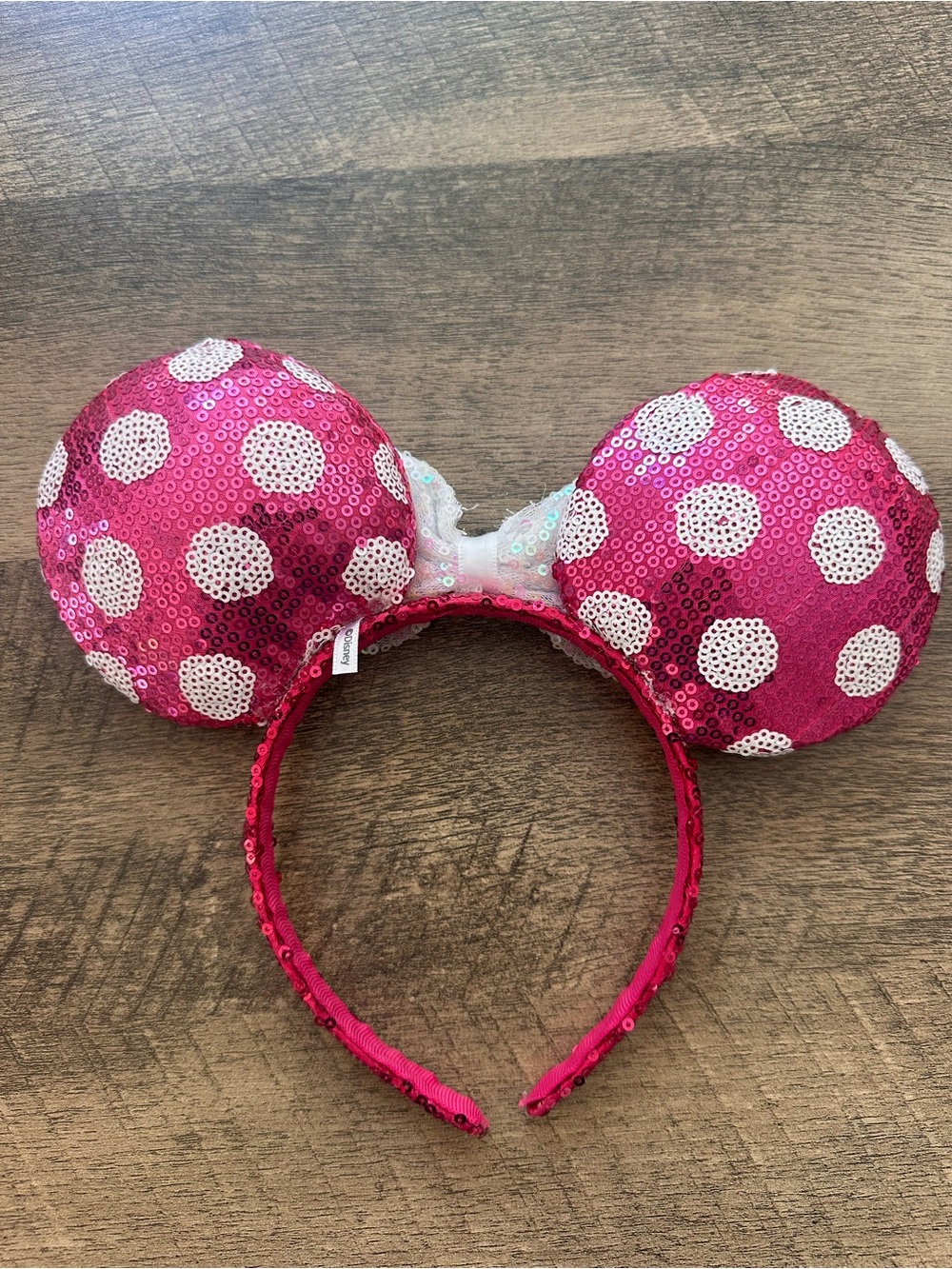 Disney Sequin Pink Polka Dot Mouse Ear Headband with White Bow - Picture 2 of 4